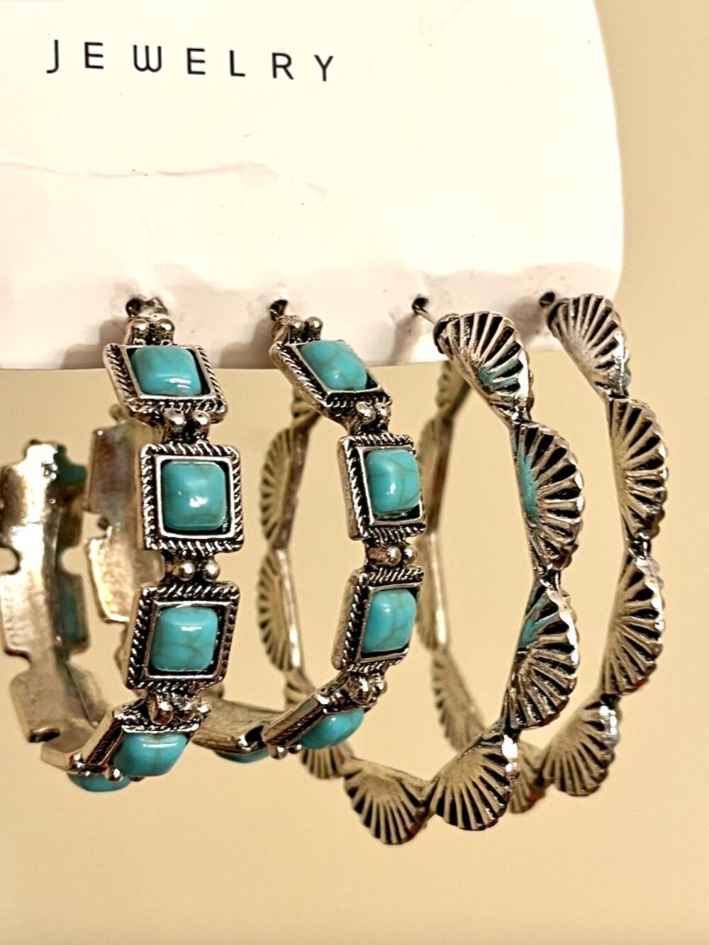 NEW Turquoise Silver-Tone Hoop Earrings 2 Sets - Women Jewelry